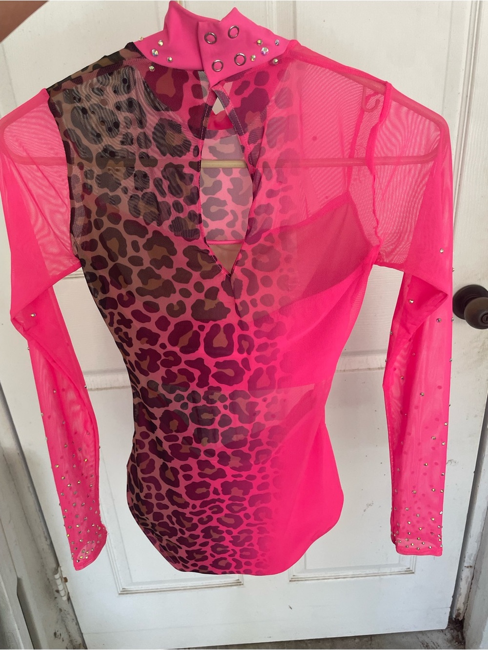Hot Pink Leopard Mesh Rhinestone Leotard Dance Gymnastics Costume - Picture 8 of 9